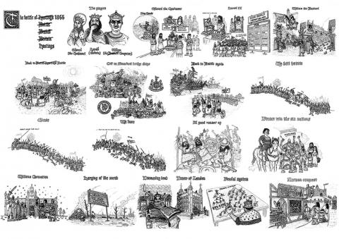 battle of hastings cartoon depiction funny satirical humorous sketch presentation Neil Utley snublic drawing illustration artwork ink black and white topical political social satire satirical commission sketch pen cross hatch