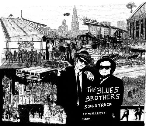 blues brothers movie present gift commission cd music vinyl cover snublic drawing illustration artwork ink black and white topical political social satire satirical commission sketch pen cross hatch