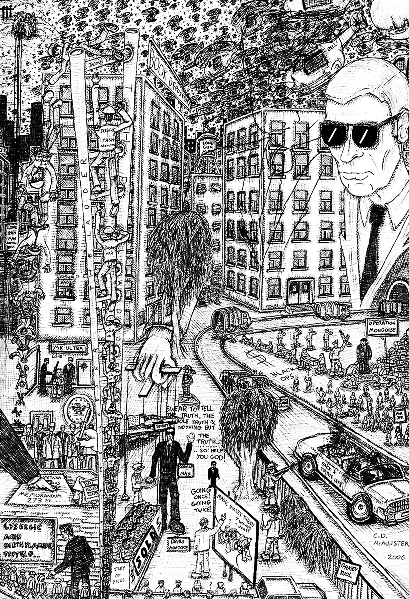 Pen on paper. 16 H x 12 W in.  Inspired by the films "JFK" & "Jacobs ladder" about the CIA.  Signed limited edition (250) Giclee prints available. (£100) 16 H x 12 W in. snublic