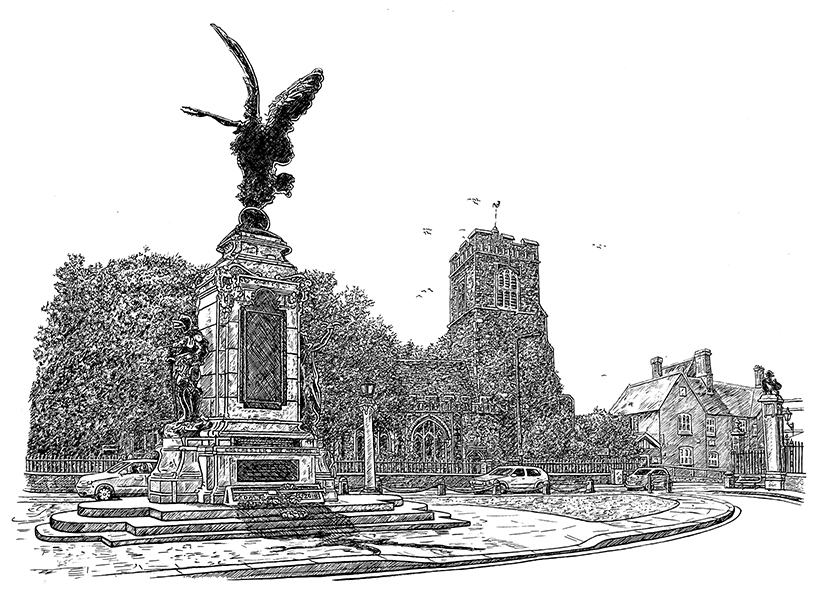 Colchester War Memorial World War 1 England UK Briatin WWI ink drawing scene crosshatch balack white snublic CDm Colin McAllister detail phot realistic