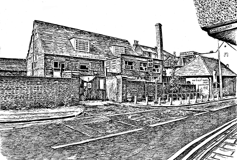Colchester Bus Depot urban landscape town scene historic prints giclee limited edition snublic drawing illustration artwork ink black and white topical political social satire satirical commission sketch pen cross hatch