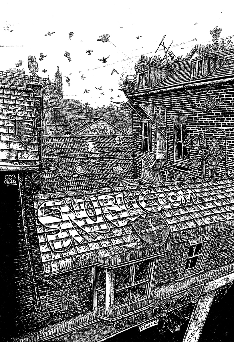 Colchester Roof Tops St Nicholas House Signed limited edition Giclee prints available (£60) drawing sketch heritage old townscape snublic drawing illustration artwork ink black and white topical political social satire satirical commission sketch pen