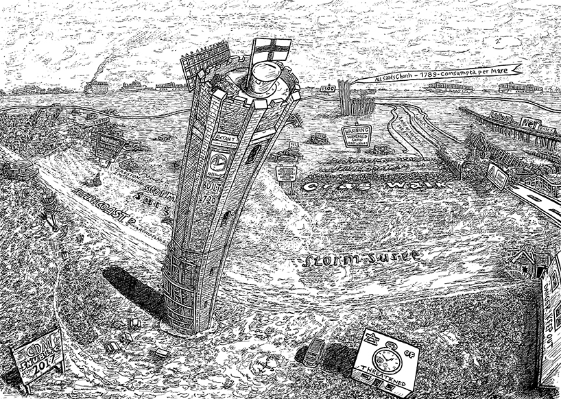 snublic Colin McAllister drawings illustration black and white sketch scene art topical cartoon colchester walton on the naze tower sea consumpta per mare erosion lost swallowed history coastal erosion england global warming