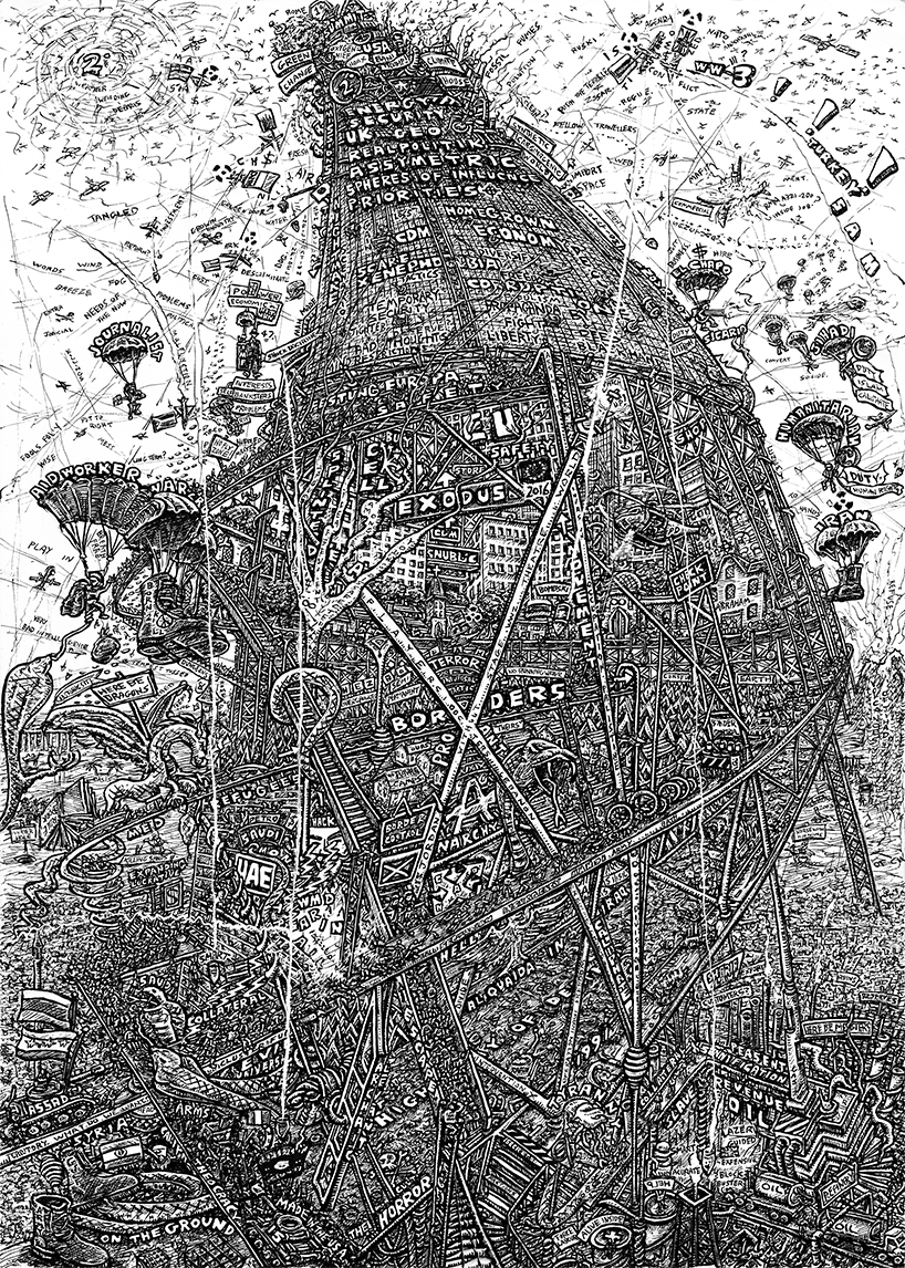 Indian Ink on paper. 12 H x 16 W in.  Revisiting an old composition concerning the Tower Of Babel and portraying the Syrian refugee crisis as a sinister game of snakes and ladders. Turmoil and war rage below, whilst disinterested wroth and confusion preva