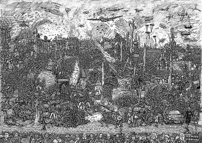 Indian Ink on paper. 12 H x 16 W in.  Retrospective of English warfare over nearly a thousand years coming to an end.  Signed limited edition (250) Giclee prints available. (£100) 12 H x 16 W in snublic
