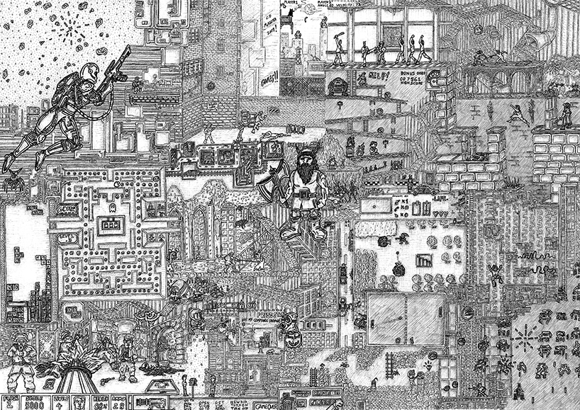 Pen on paper. 16 H x 23 W in.  A nostalgic selection of games from the 80’s and early 90’s.  Signed limited edition (250) Giclee prints available. (£100) 16 H x 23 W in snublic