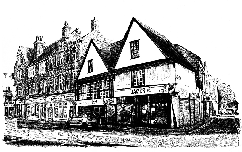 Colchester urban town scene landscape Jacks bank old historic snublic drawing illustration artwork ink black and white topical political social satire satirical commission sketch pen cross hatch