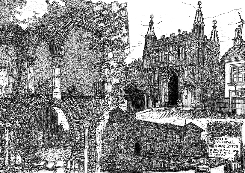 Colchester urban town scene landscape Jacks bank old historic snublic drawing illustration artwork ink black and white topical political social satire satirical commission sketch pen cross hatch