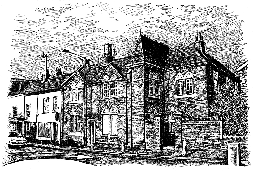 colchester scene urban town orhphanage east hill snublic drawing illustration artwork ink black and white topical political social satire satirical commission sketch pen cross hatch