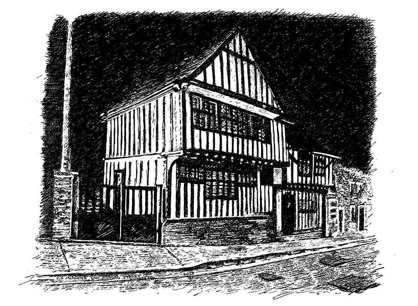snublic drawing illustration artwork ink black and white topical political social satire satirical commission sketch pen cross hatch limited edition giclee prints available £60 townscape colchester scene urban pakes house dutch quarter old historic