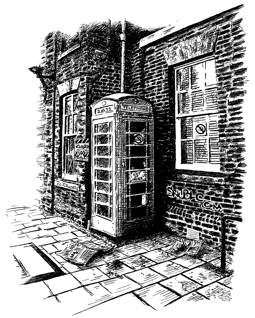 colchester urban scene phone box high street bail outs trash snublic drawing illustration artwork ink black and white topical political social satire satirical commission sketch pen cross hatch