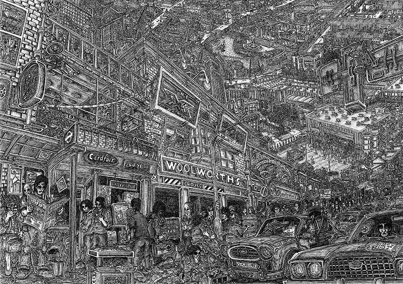 Pen on paper. 16 H x 23 W in.  View of life amid the recession in the UK.  Signed limited edition (250) Giclee prints available. (£100) 16 H x 23 W in snublic
