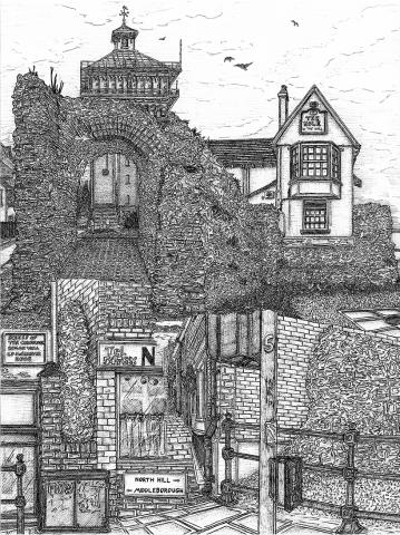 snublic drawing illustration artwork ink black and white topical political social satire satirical commission sketch pen cross hatch limited edition giclee prints available £100 Roman Wall Colchester urban scene landscape historic water tower jumbo