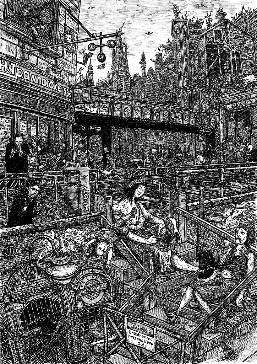 Indian Ink on paper. 23 H x 16 W in.  An update of William Hogarth’s 1751 painting/ print ‘Gin Lane’ Displaying London’s dark & meritless modern vice, heroin.  Signed limited edition (250) Giclee prints available. (£100) 23 H x 16 W in snublic