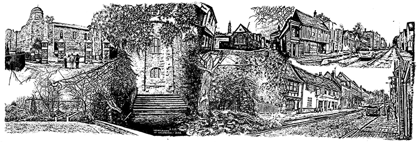 colchester castle park dutch quarter urban town landscape scene snublic drawing illustration artwork ink black and white topical political social satire satirical commission sketch pen cross hatch