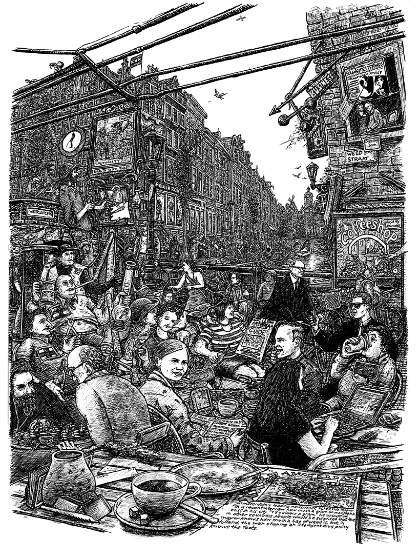 Indian Ink on paper. 23 H x 16 W in.  An update of William Hogarth's 1751 painting/print ‘Beer Street’ My version as a counterpart to Smack Lane displays the merits of Amsterdam’s liberal laws on natural herbal drugs.  Signed limited edition (250) Giclee 
