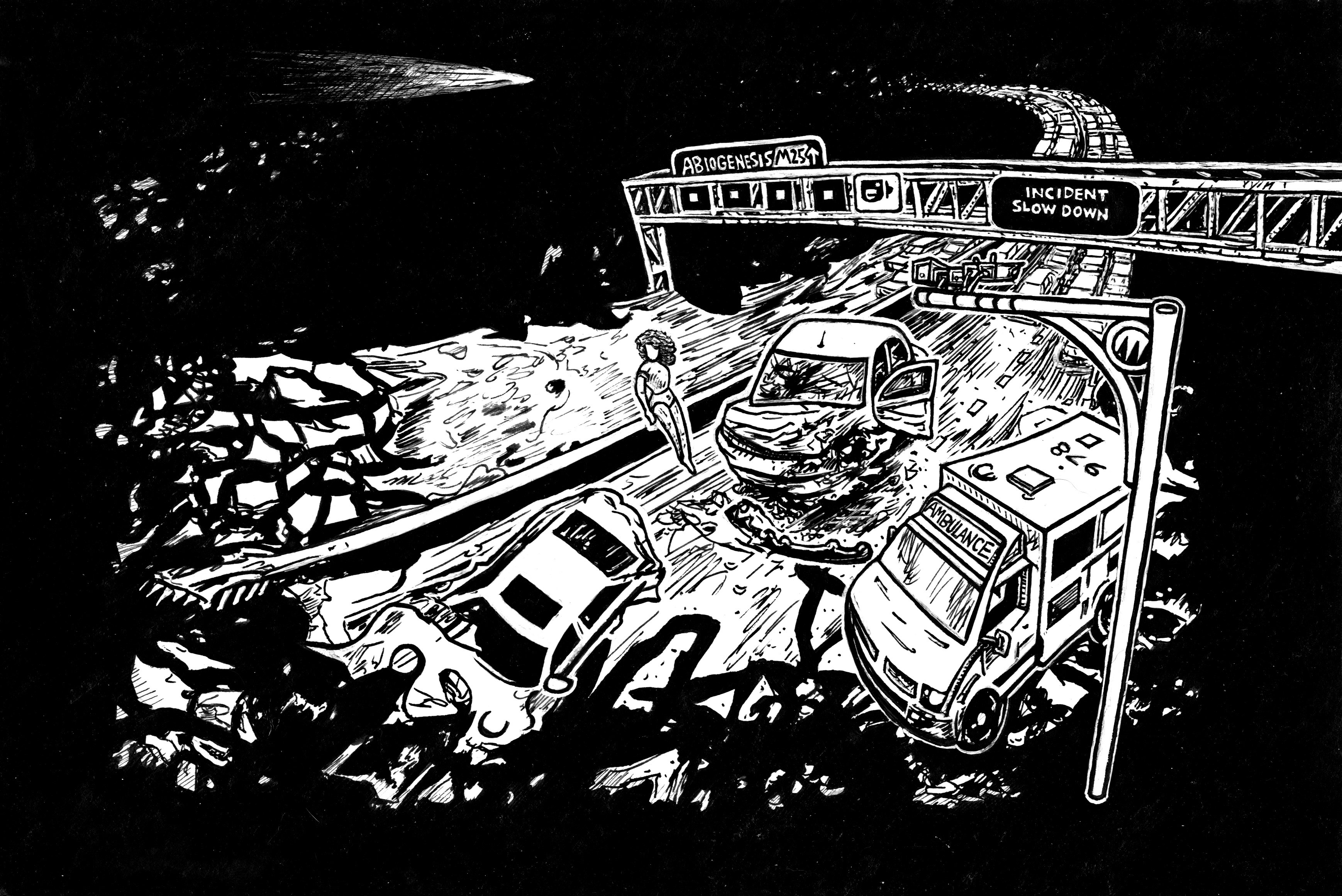 Abiogenesis II, a black-and-white drawing of a motorway crash scene with an ambulance and damaged vehicles.